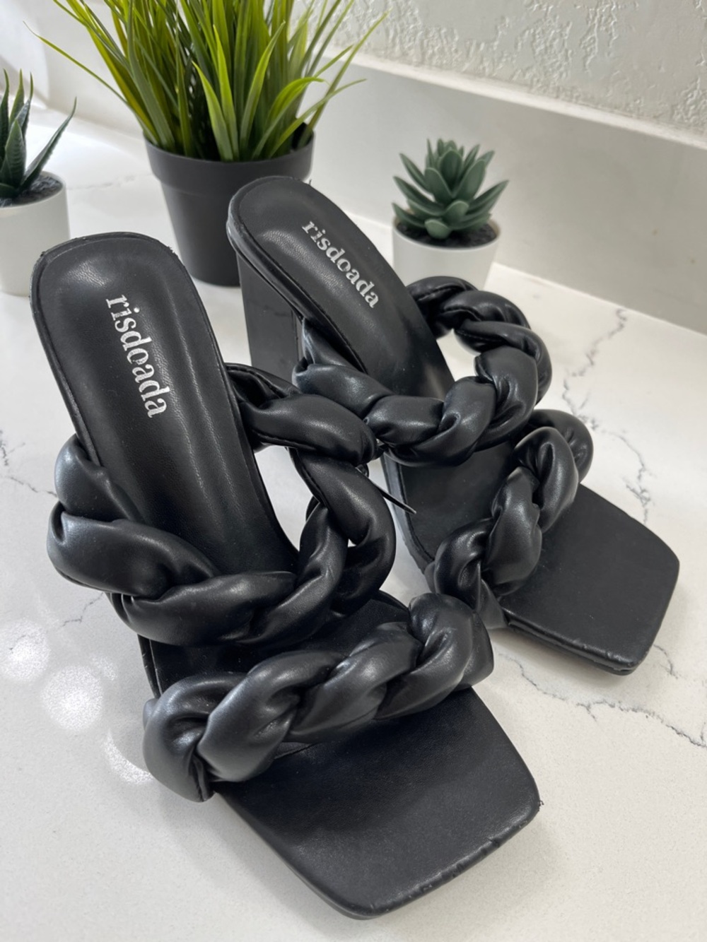 Braided Strap Black Mule Heels